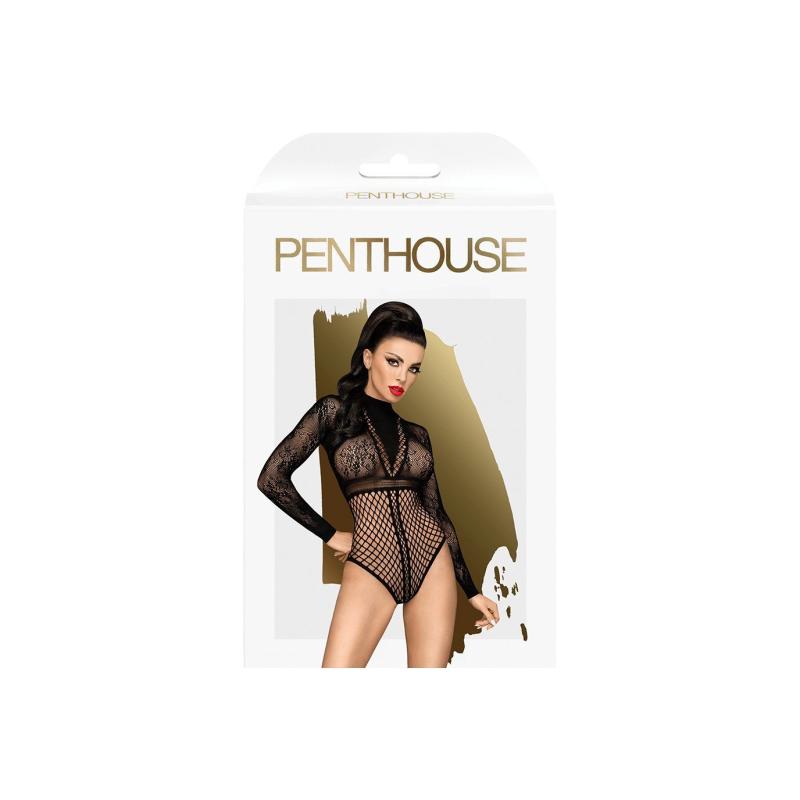 SO6426 Боди Penthouse Spicy Whisper XL Black, имитация топа с длинными рукавами, закрытое декольте
