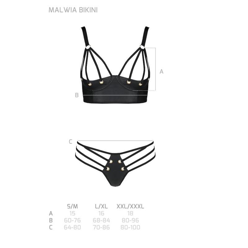 SO5762 Комплект з екошкіри з люверсами та ремінцями Malwia Bikini black L/XL — Passion, бра та трусики