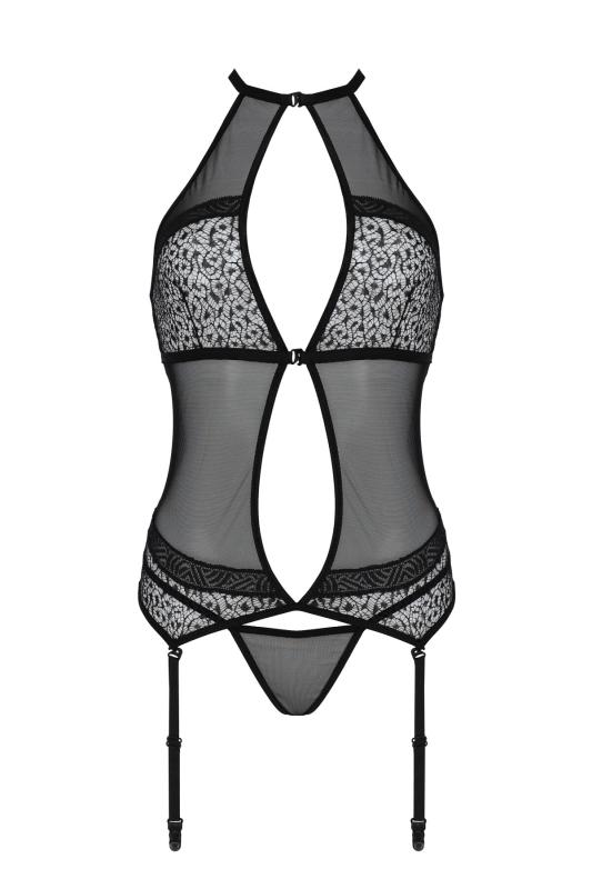 SO8477 Корсет с пажами Passion SATARA CORSET XXL/XXXL black, стринги, кружево, застежки спереди и сзади