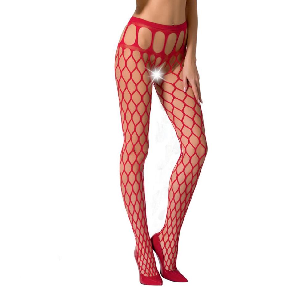 PSS021R Эротические колготки-бодистокинг Passion S021 red, в крупную сетку с высоким пояском