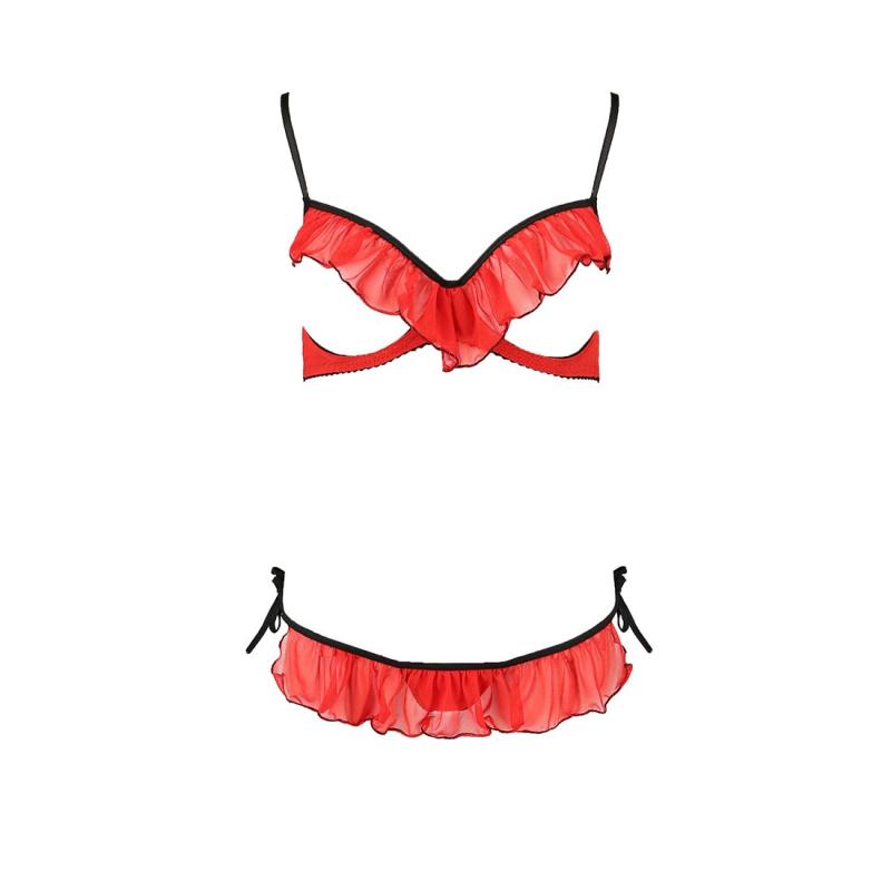 PS25509 Комплект белья CHERRY SET OpenBra red XXL/XXXL - Passion Exclusive: открытый лиф, трусики-юбочка