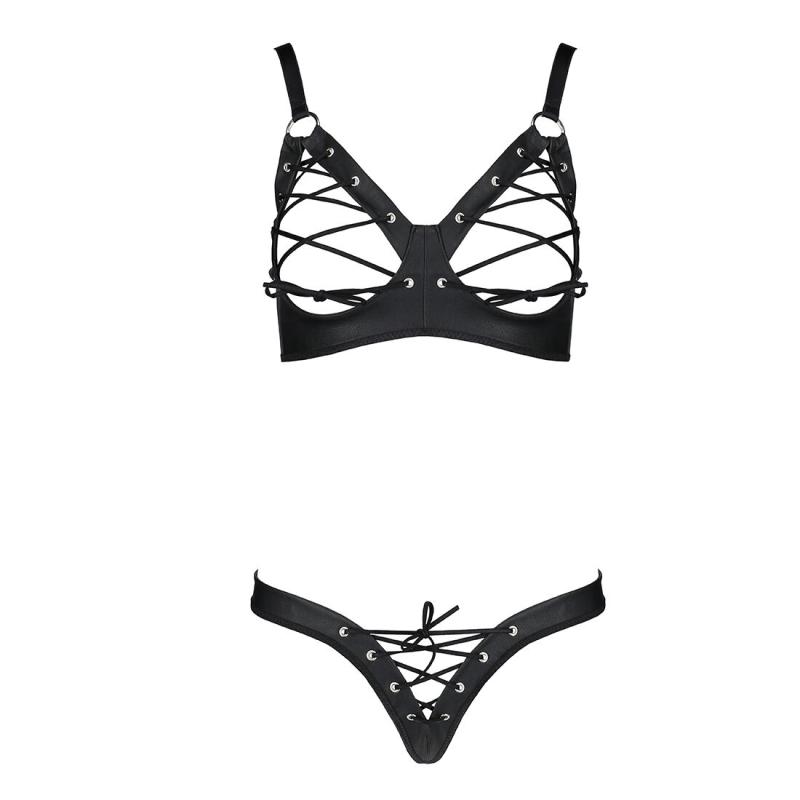 SO6402 Комплект из экокожи CELINE BIKINI black XXL/XXXL — Passion: открытый бра с лентами, стринги со шнуро