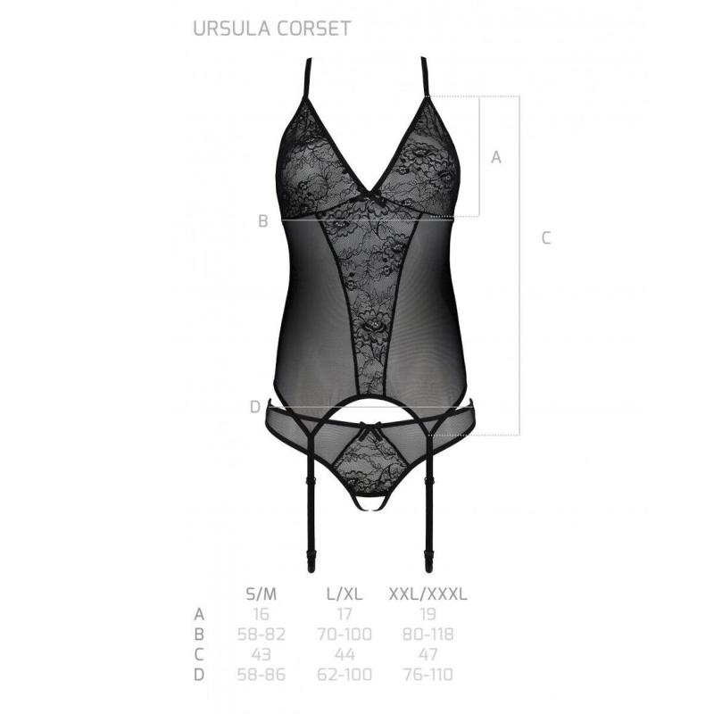 SO5836 Корсет с пажами, трусики с ажурным декором и открытым шагом Ursula Corset black S/M — Passion