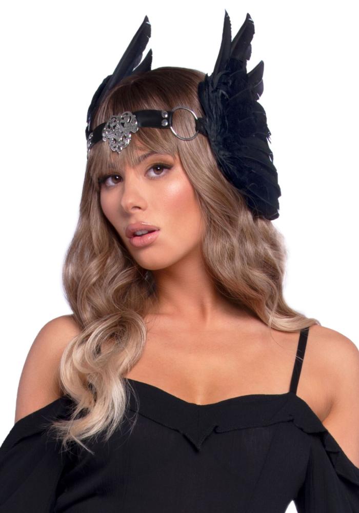 SO7944 Повязка на голову с крыльями Leg Avenue Feather headband Black, перья и натуральная кожа