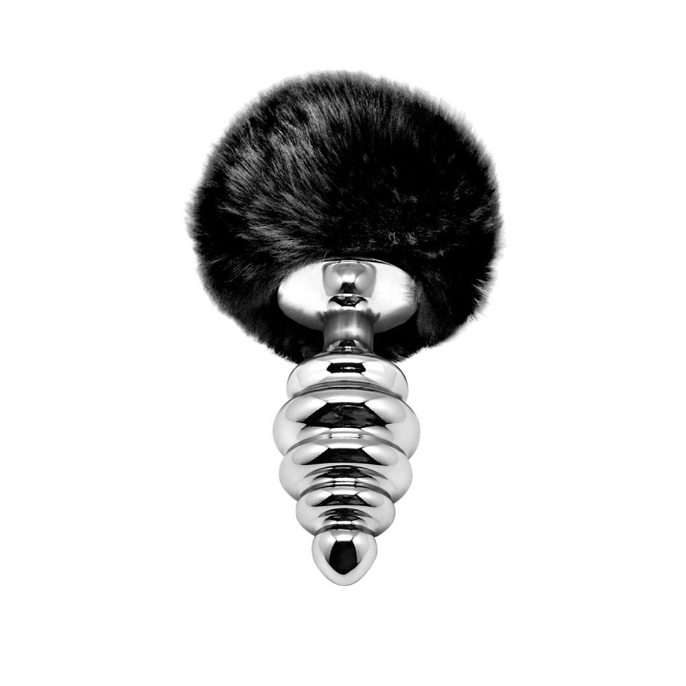 SO6311 Металева анальна пробка Кролячий хвостик Alive Fluffy Twist Plug L Black, діаметр 3,8 см