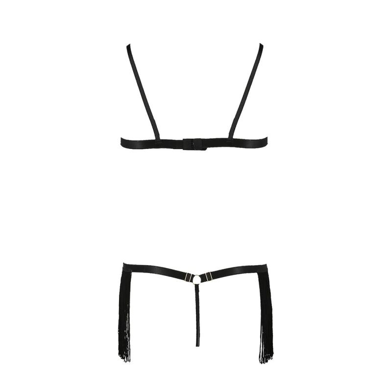 PS26302 Комплект белья KASSANDRA SET OpenBra black S/M - Passion Exclusive: лиф из бахромы, трусики-юбка