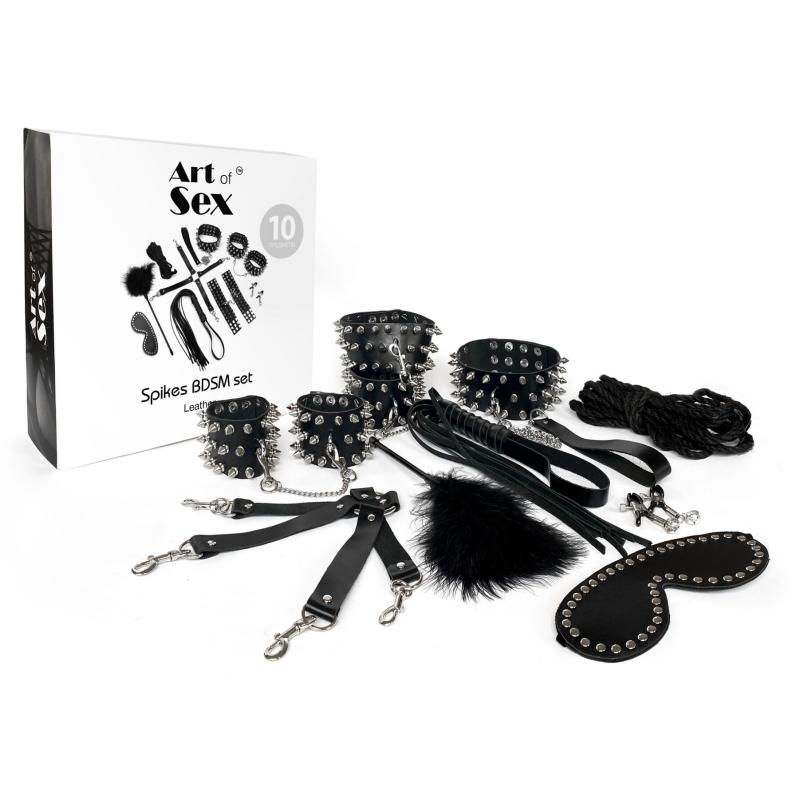 SO7140 Набор Art of Sex - Spikes BDSM Set Leather, 10 предметов, натуральная кожа, Черный