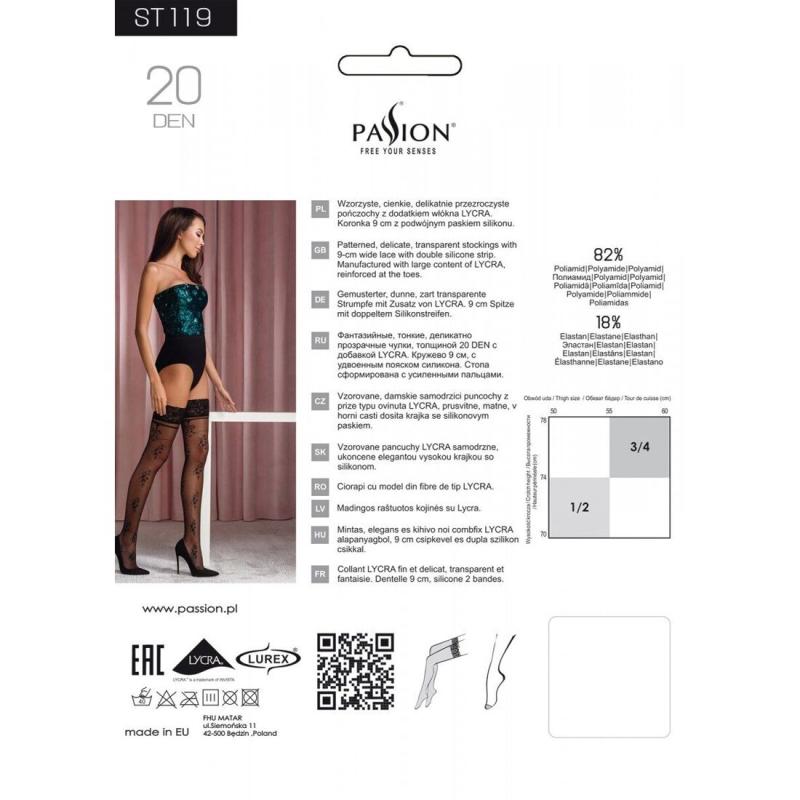 SO5781 Чулки Passion ST119 5 черные, на ажурной силиконовой резинке, с цветочным декором и люрексовой нитью