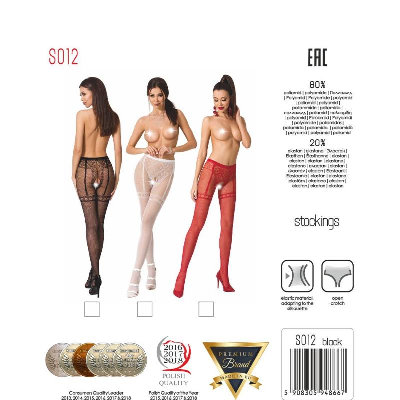 PSS012B Эротические колготки-бодистокинг Passion S012 black, имитация чулок, пояса и ажурных трусиков