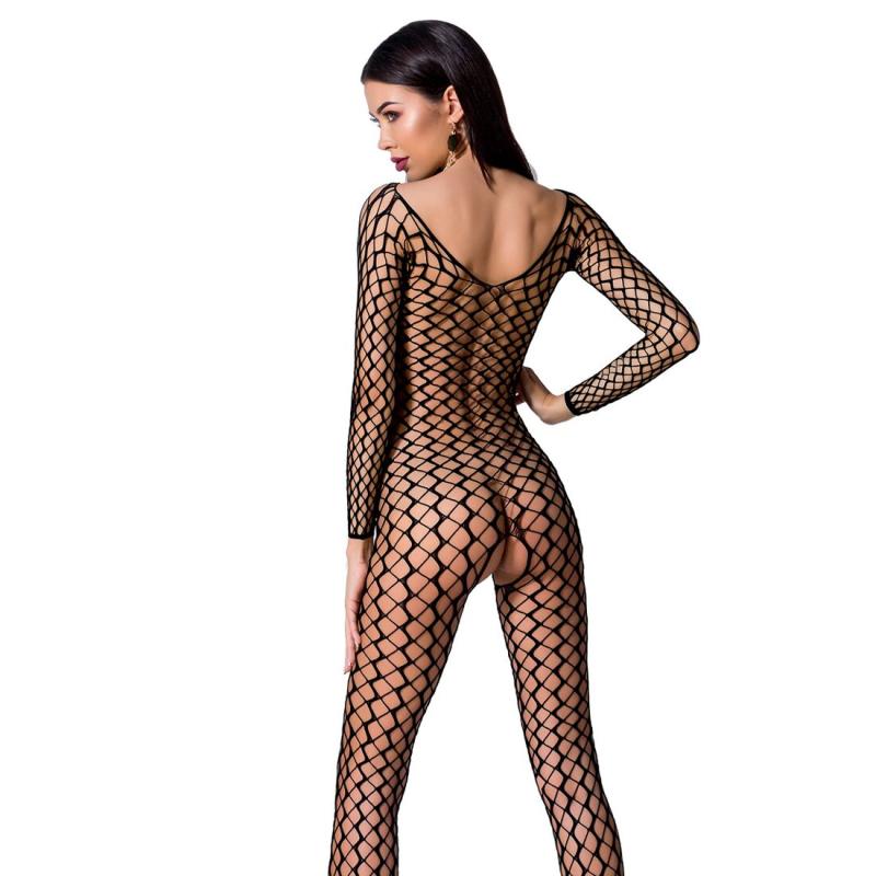 PBS068B Бодистокинг Passion BS068 black, комбинезон, крупная сетка, длинный рукав