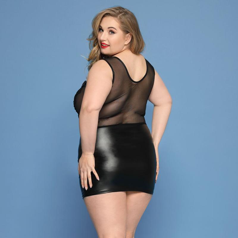 SO8386 Элегантное платье JSY «Леди София» Plus Size, black, мелкая сетка, вышивка, экокожа
