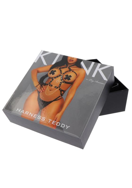 SO8565 Портупея-тедди из экокожи Leg Avenue Heart ring harness teddy L Black, подвеска-сердечко, цепи