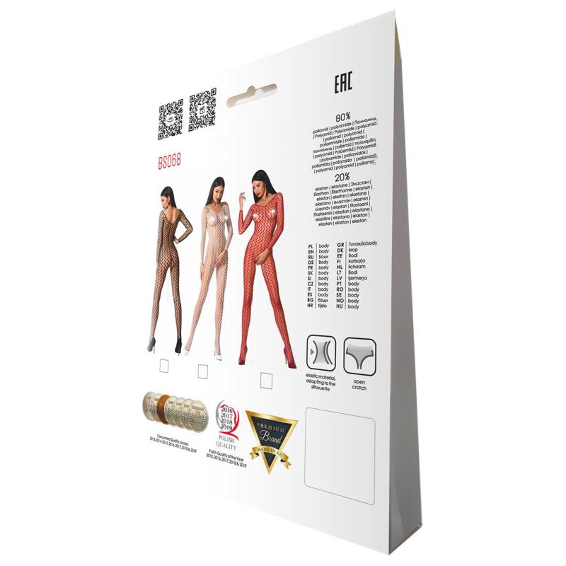 PBS068W Бодистокинг Passion BS068 white, комбинезон, крупная сетка, длинный рукав