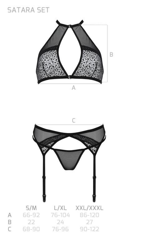 SO8483 Комплект белья Passion SATARA SET XXL/XXXL black, топ, пояс для чулок, стринги