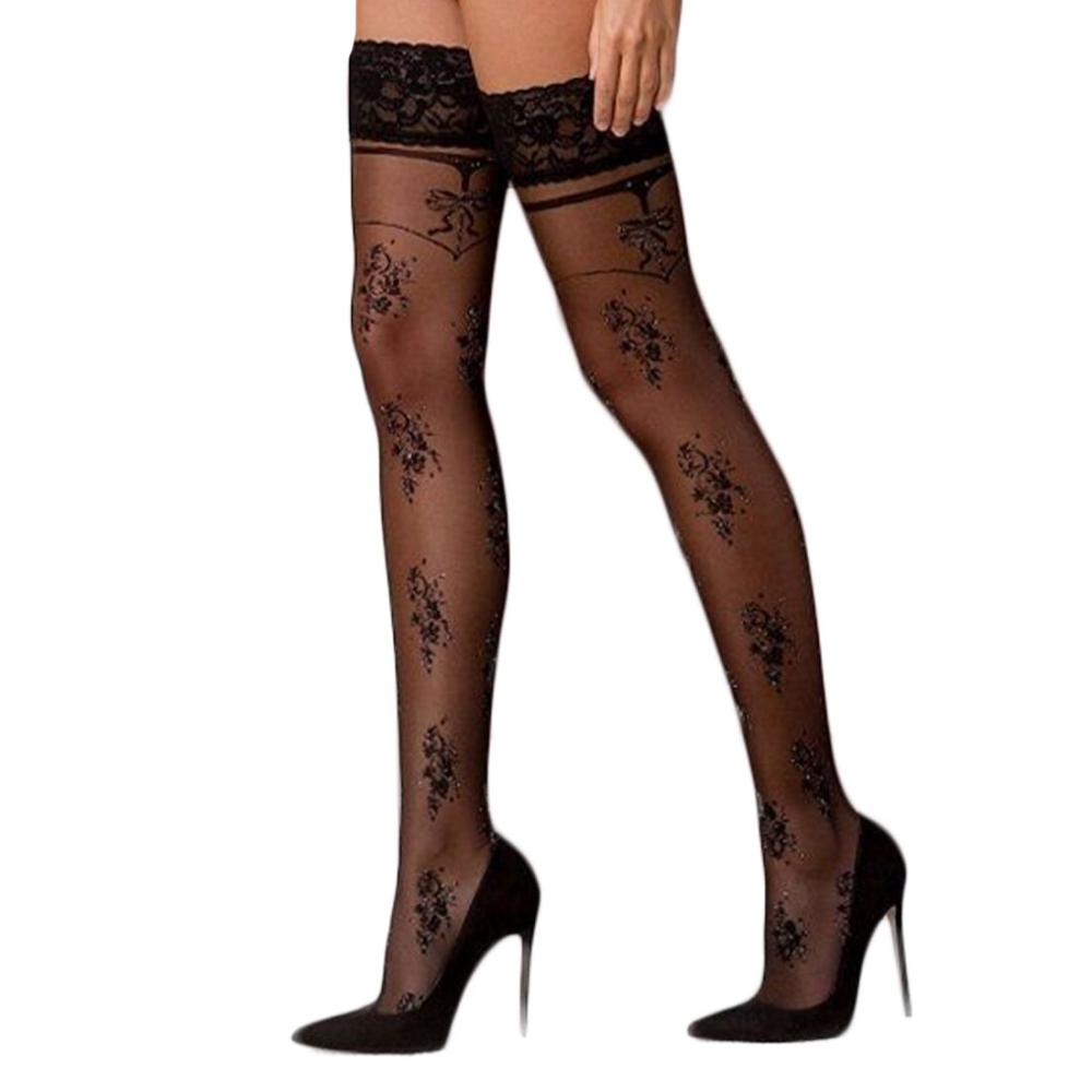 SO5780 Чулки Passion ST119 3/4 черные, на ажурной силиконовой резинке, с цветочным декором и люрексовой нит