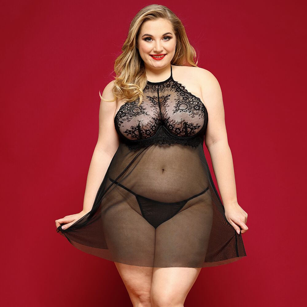 SO8385 Сорочка беби-долл JSY «Страстная Лилит» Plus Size, Black, халтер, мелкая сетка, кружево, стринги