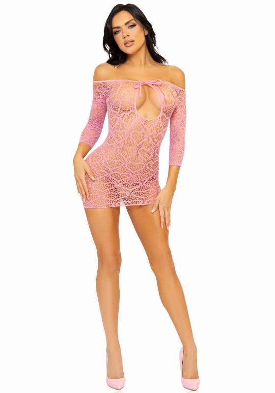 SO7960 Платье-сетка с сердечками Leg Avenue Heart net mini dress Pink, завязки, открытые плечи, one size