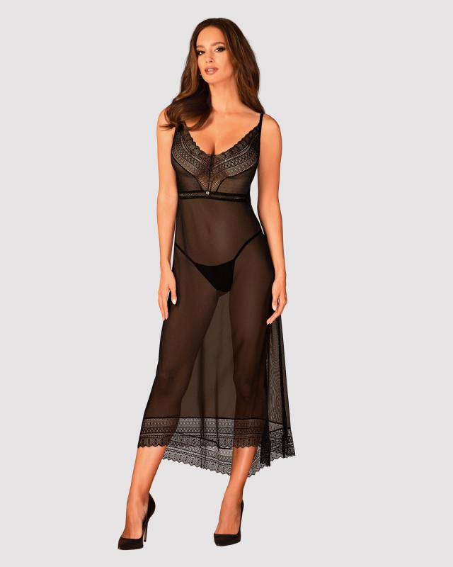 SO7263 Полупрозрачная длинная сорочка Obsessive Estiqua chemise M/L, черный, ассиметричный крой