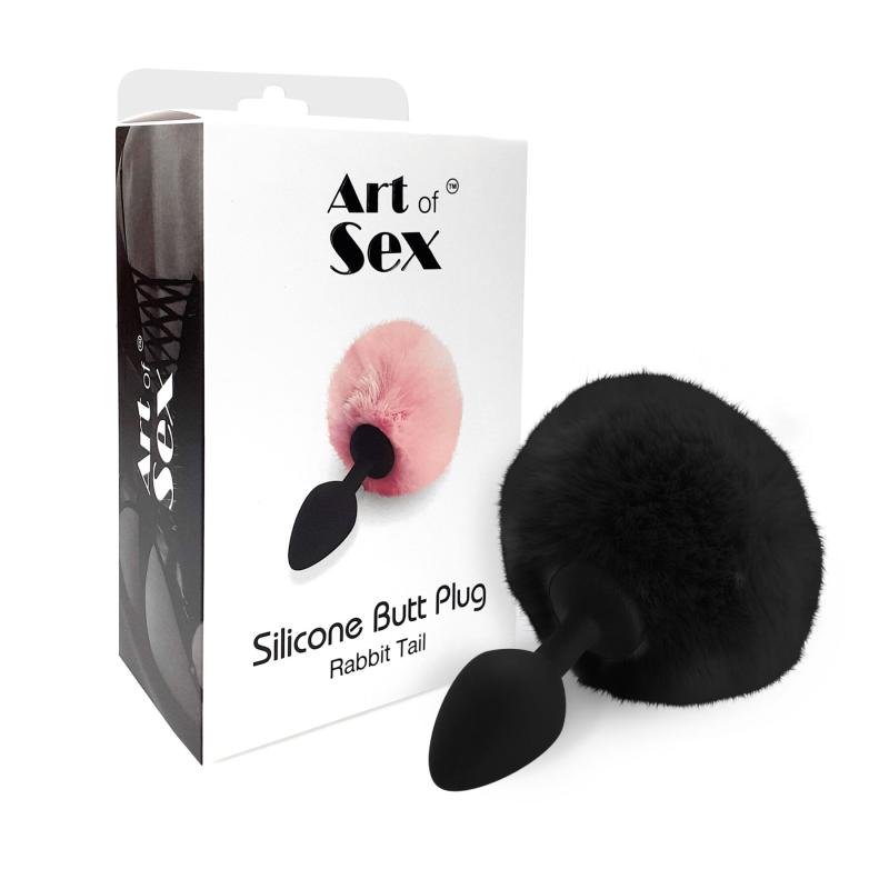 SO6694 Силиконовая анальная пробка М Art of Sex - Silicone Bunny Tails Butt plug Black, диаметр 3,5 см