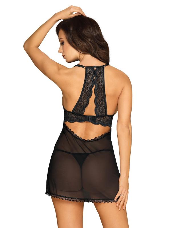 SO7877 Прозрачная сорочка с открытой грудью Obsessive Pearlove chemise & thong black S/M, трусики