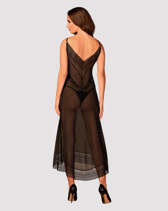 SO7263 Полупрозрачная длинная сорочка Obsessive Estiqua chemise M/L, черный, ассиметричный крой