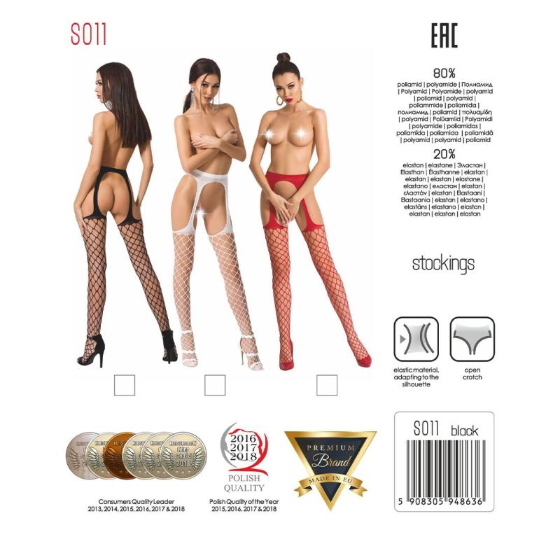 PSS011R Эротические колготки-бодистокинг Passion S011 red, имитация чулок в крупную сетку и пояса
