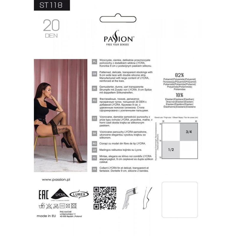 SO5777 Чулки Passion ST118 3/4 черные, на ажурной силиконовой резинке, с боковым вертикальным рисунком