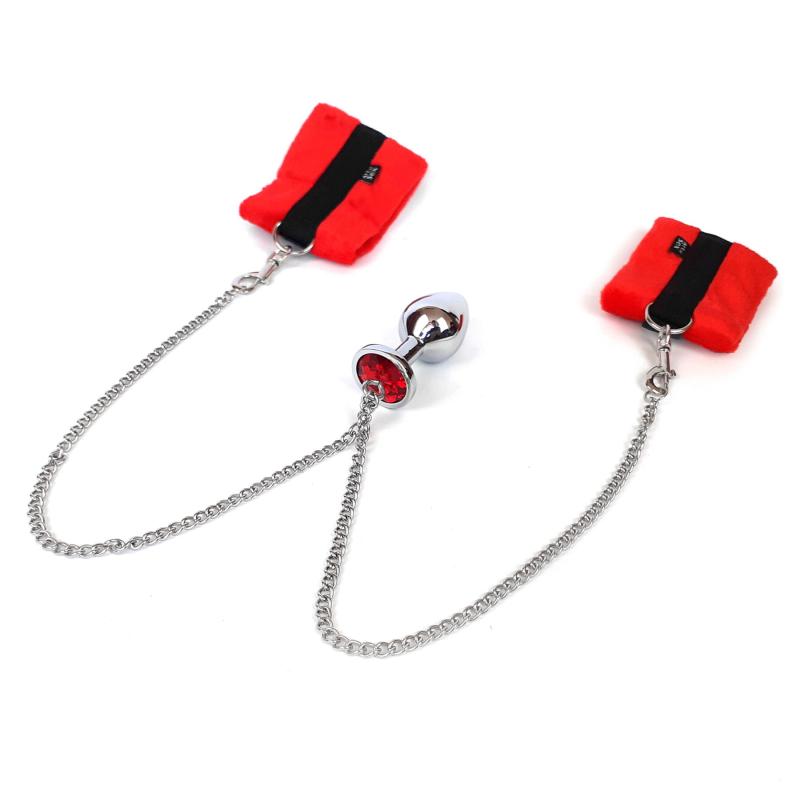 SO6182 Наручники с металлической анальной пробкой Art of Sex Handcuffs with Metal Anal Plug  size M Red