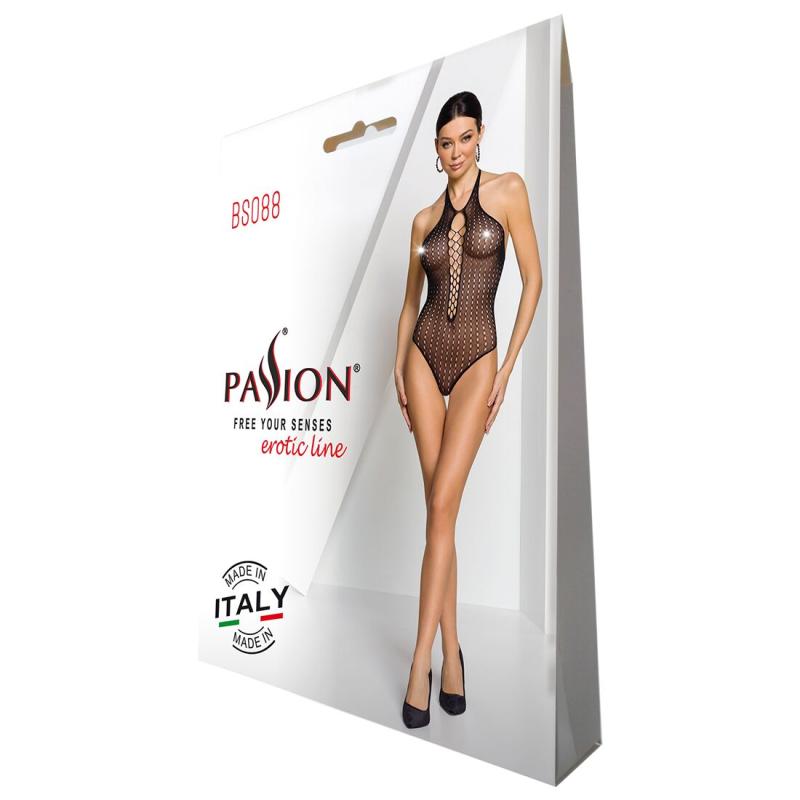 SO6382 Бодистокинг с декольте Passion BS088 black, имитация корсетной шнуровки