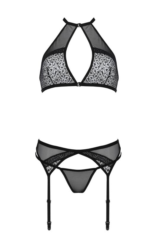 SO8483 Комплект белья Passion SATARA SET XXL/XXXL black, топ, пояс для чулок, стринги