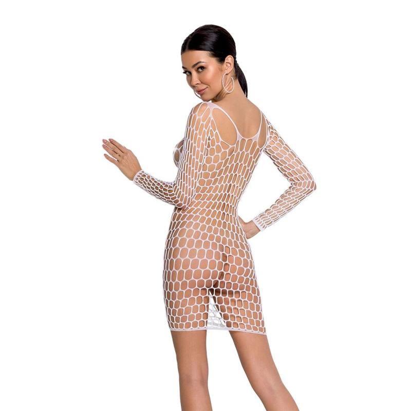 SO6399 Бодистокинг-платье с глубоким воротом Passion BS093 white, длинные рукава