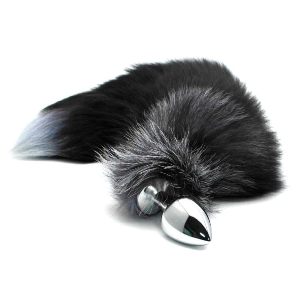 SO6323 Металлическая анальная пробка Лисий хвост Alive Black And White Fox Tail L, диаметр 3,9 см