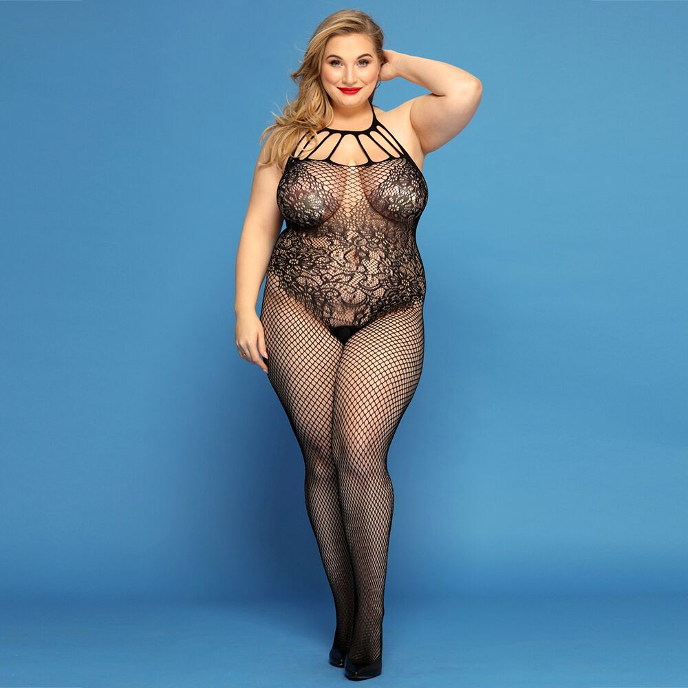 SO8389 Сетчатый бодистокинг JSY «Откровенная Мадлен» Plus Size, Black, имитация боди, кружево, доступ