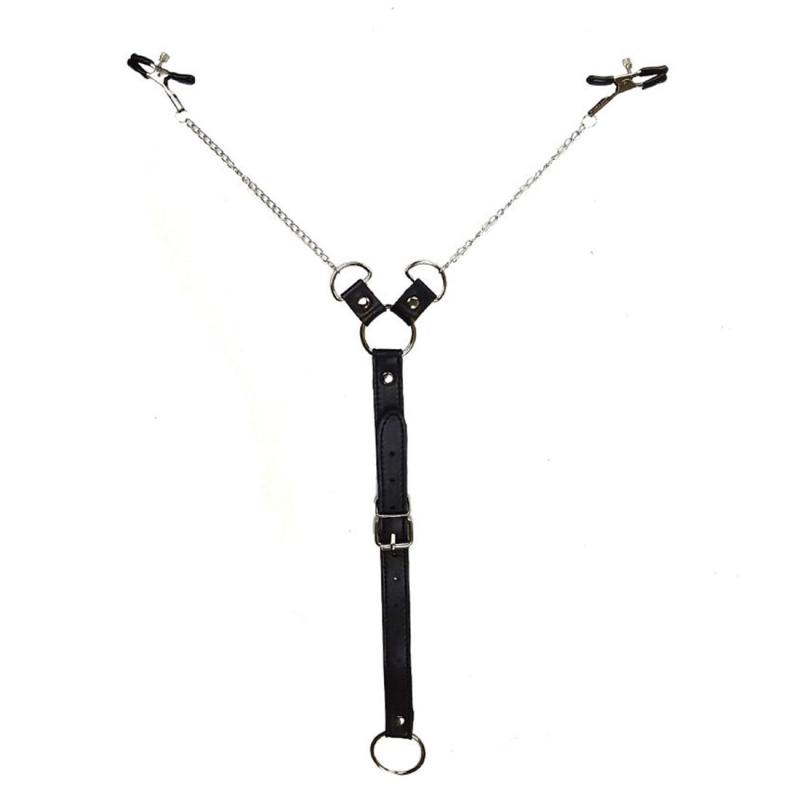 SO5146 Зажимы для сосков с фиксацией на мошонке Nipple Clamps for Men, Эко кожа
