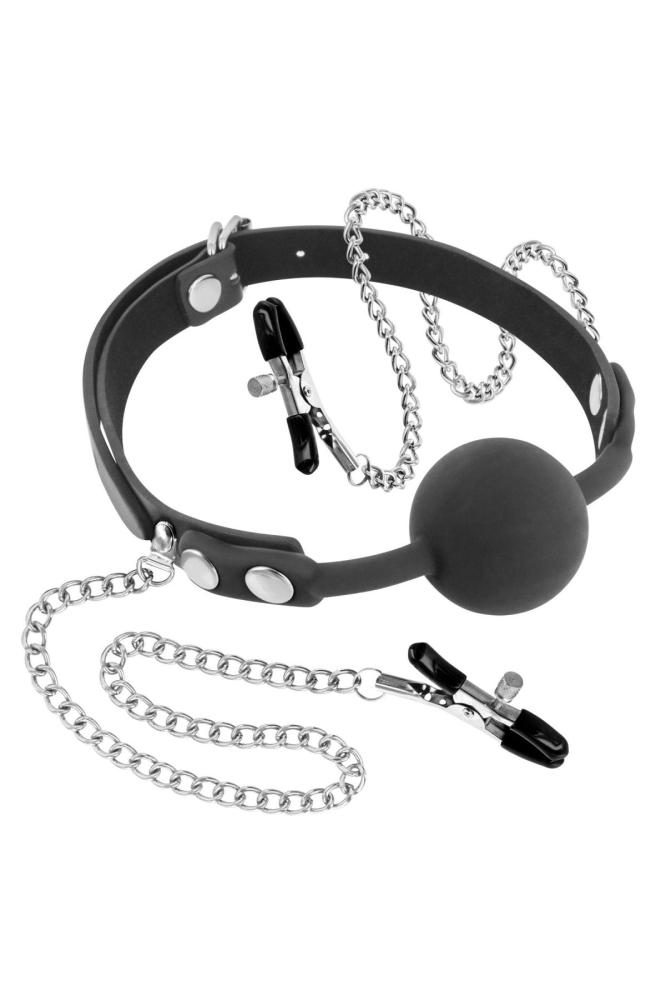 SO4036 Кляп с силиконовым шариком и зажимами для сосков Fetish Tentation Gag Ball with Nipple Clamps