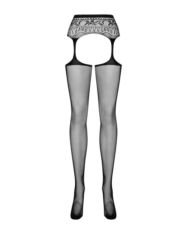 SO7271 Сетчатые чулки-стокинги с кружевным поясом Obsessive Garter stockings S307 XL/XXL, черные, имитация