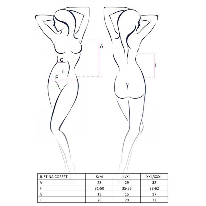 EL15405 Корсет с открытой грудью JUSTINA CORSET black S/M - Passion, трусики, шнуровка, полупрозрачный, пажи