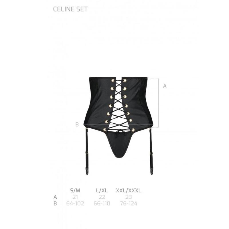 SO6411 Пояс-корсет из экокожи CELINE SET black XXL/XXXL — Passion шнуровка, съемные пажи для чулок, стринги
