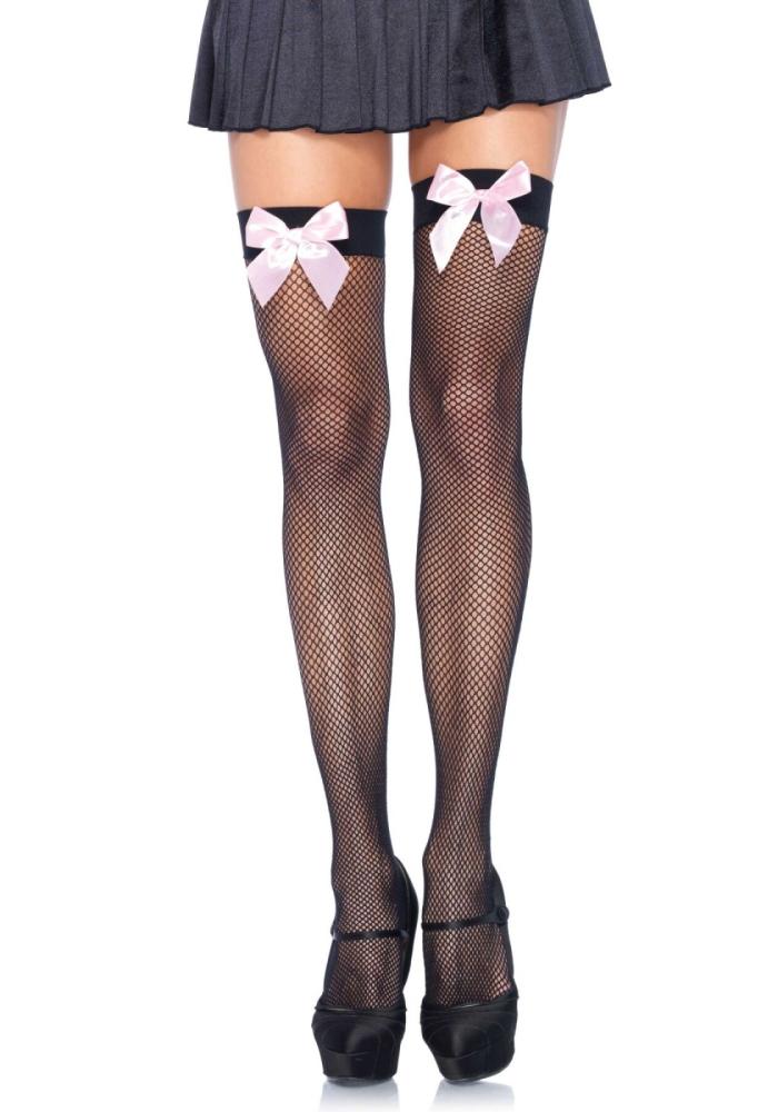 SO8596 Панчохи-сітка з атласним бантиком Leg Avenue Fishnet Thigh Highs One size Black With Bow Pink