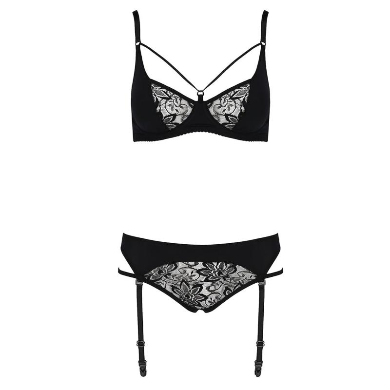 EL15806 Комплект белья PAULINE SET black XXL/XXXL - Passion: стрэпы: лиф, стринги и пояс для чулок
