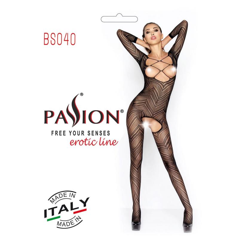 PBS040B Бодистокинг Passion BS040 black, комбинезон с открытой грудью