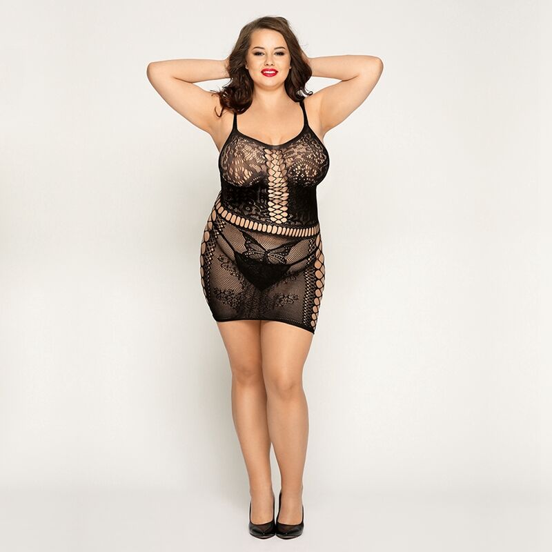 SO8369 Сетчатое платье с бабочками JSY «Сексапильная Эмили» Plus Size, Black, имитация шнуровки, кружево