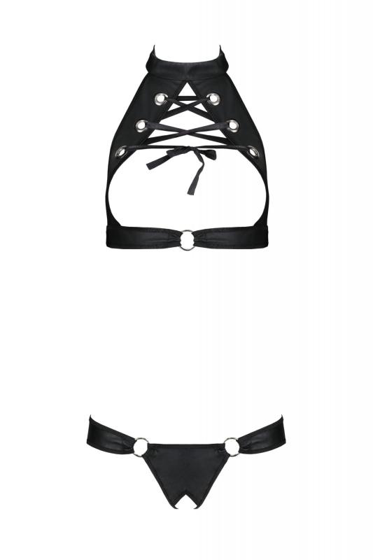 SO7101 Комплект из экокожи Passion Malwia Set with Open Bra 6XL/7XL black, топ и трусики с люверсами