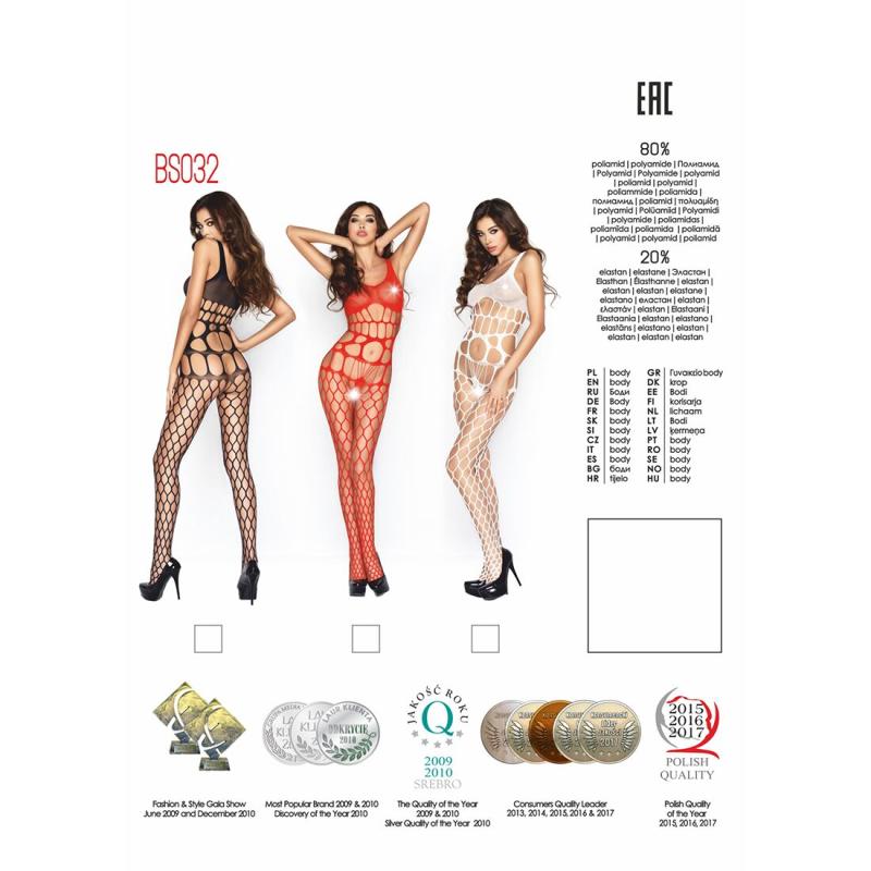 PBS032R Бодістокінг Passion BS032 red, комбінезон, топ і велика сітка