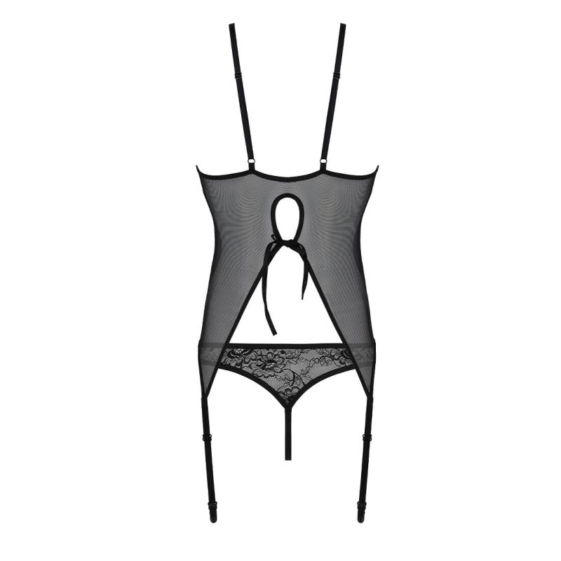 SO5836 Корсет с пажами, трусики с ажурным декором и открытым шагом Ursula Corset black S/M — Passion