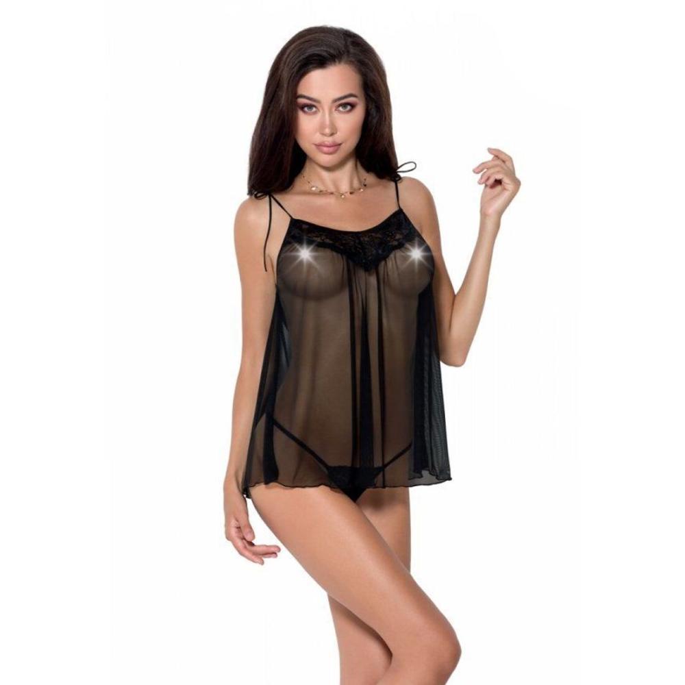 EL16305 Сорочка прозрачная беби долл MELANIA CHEMISE black S/M - Passion, трусики, на тонких бретелях