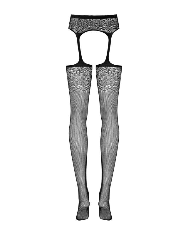 SO7267 Сетчатые чулки-стокинги с цветочным рисунком Obsessive Garter stockings S207 XL/XXL, черные, имитаци