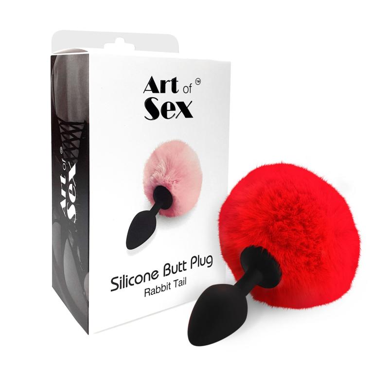 SO6964 Силиконовая анальная пробка М Art of Sex - Silicone Bunny Tails Butt plug Red, диаметр 3,5 см