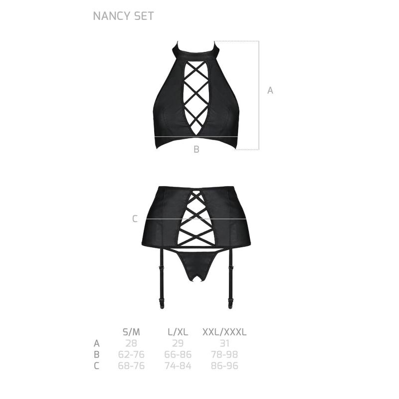 SO5375 Комплект з еко-шкіри з імітацією шнурівки Nancy Set black XXL/XXXL - Passion топ, трусики та пояс дл