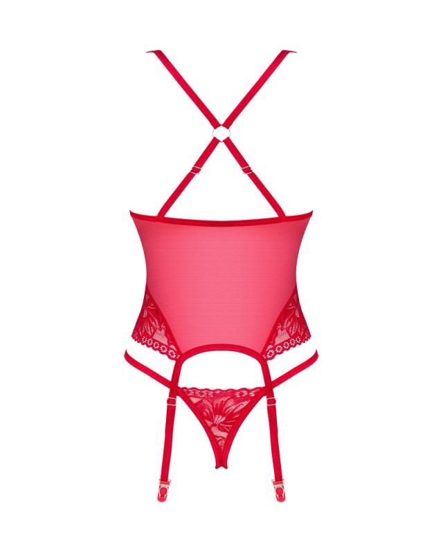 SO8649 Прозрачный корсет Obsessive Lacelove corset XS/S Red, кружево, подвязки для чулок